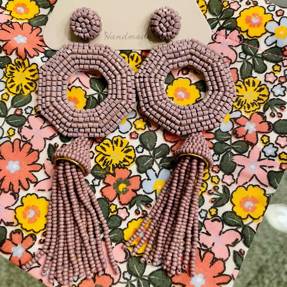 Mauve Pink/ Dusky Lavender Beaded Tassel Statement Earrings x Deepa Gurnani